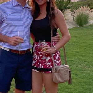 Line and dot revolve Hawaiian tropical red white and black mini skort